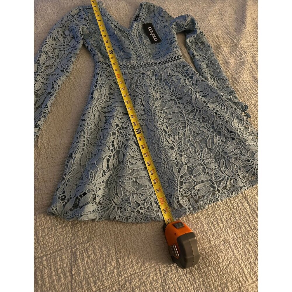 NWT Boohoo Women's Lace Crochet Long Sleeve Flare Dress Blue Sz 4 - Picture 14 of 16